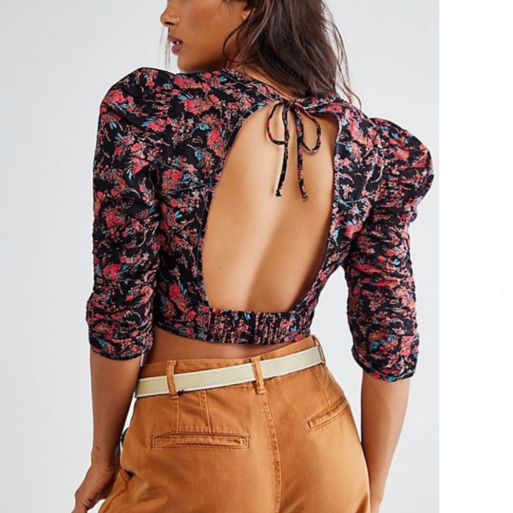 NEW Free People Monica Crop Top, open back with puff sleeves and floral print